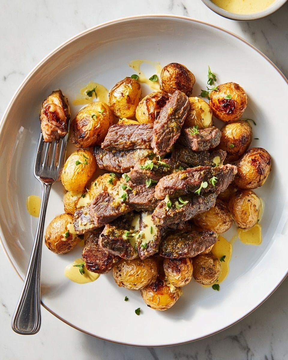 A white round plate holds a dish with two main layers: the bottom layer is made up of roasted baby potatoes with a golden-brown, crispy texture and slightly charred edges, scattered evenly across the plate. The top layer consists of grilled steak strips, browned with a seared crust and laid over the potatoes in a slightly overlapping manner. Both layers are lightly drizzled with a creamy yellow sauce, and small green herb sprigs are sprinkled around for garnish. A silver fork is placed on the left side of the plate, holding a small piece of steak. The plate sits on a white marbled surface. photo taken with an iphone --ar 4:5 --v 7