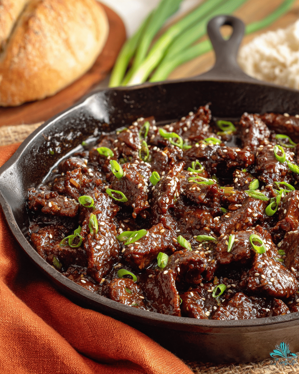 A close-up of a black cast-iron skillet filled with glossy, dark brown beef pieces coated in a thick sauce. The beef is cut into irregular, bite-sized strips and sprinkled with white sesame seeds and chopped bright green scallions. The skillet rests on a textured natural mat, with a soft orange cloth folded nearby and a soft focus area showing a round loaf of bread and fresh green scallions peeking in the frame. The background changes to a white marbled texture. photo taken with an iphone --ar 4:5 --v 7