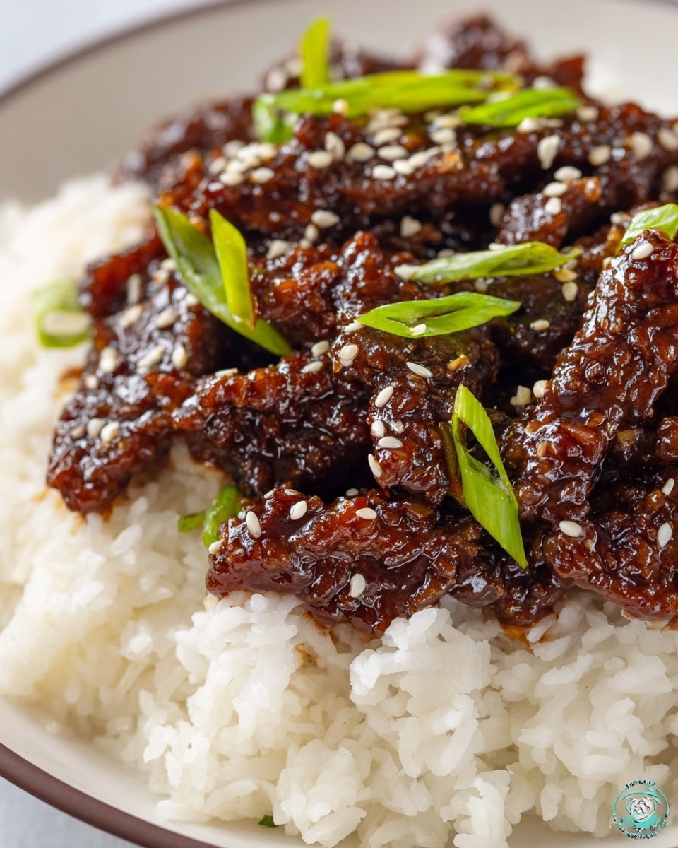This dish shows three layers: the bottom layer is made of white, fluffy rice spread evenly across a white plate; the middle layer consists of dark brown, glossy beef strips covered in thick sauce with a shiny texture; the top layer features small, bright green sliced scallions and white sesame seeds sprinkled over the beef, adding color contrast and texture. The photo is clear and close, capturing the details of the shiny sauce and textures of the rice and beef. Photo taken with an iphone --ar 4:5 --v 7