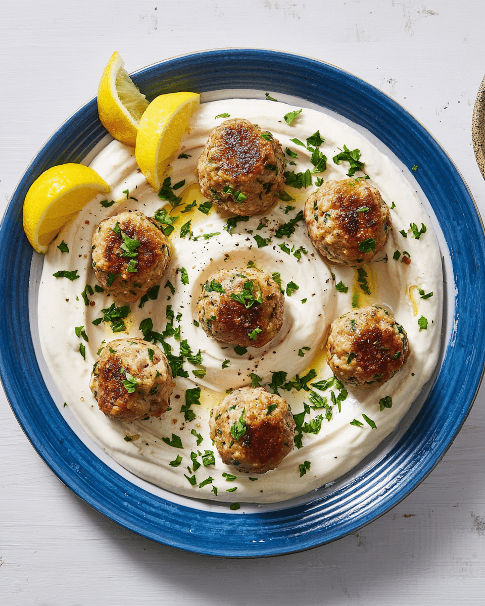 On a white plate with a blue rim, there are eight browned meatballs placed on a smooth layer of white creamy sauce spread in a swirl covering the center of the plate. The meatballs are golden brown with small bits of green herbs visible inside them. Scattered fresh green herbs are sprinkled over the meatballs and sauce. Two lemon wedges are placed at the top left side of the plate. A light drizzle of olive oil adds a slight shine to the sauce. The plate is on a white marbled surface. Photo taken with an iphone --ar 4:5 --v 7