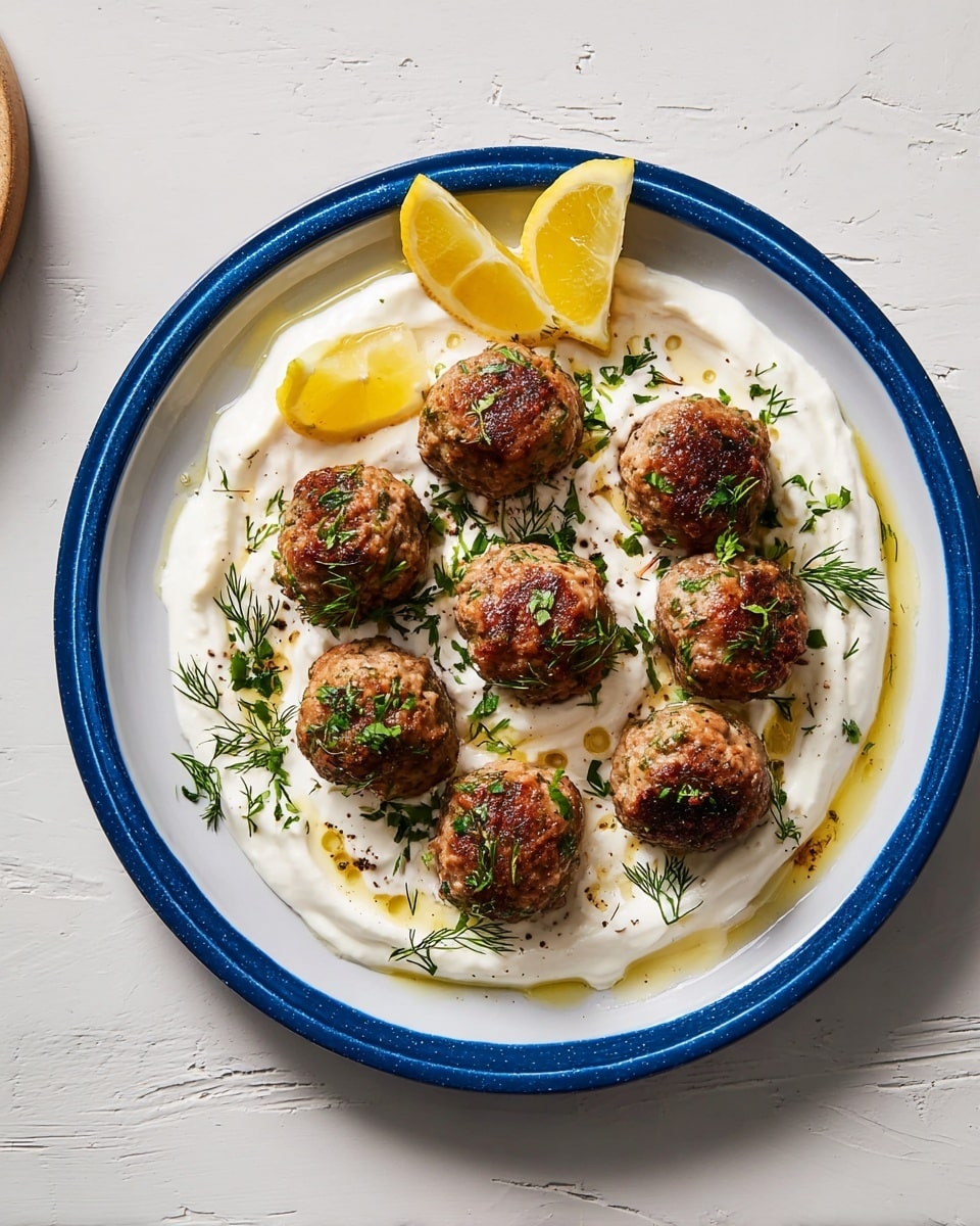 The dish shows nine browned meatballs arranged in a loose circle on a large white plate with a blue rim. Beneath the meatballs is a thick, creamy white sauce spread unevenly across the base of the plate. Small green herb leaves and chopped dill are sprinkled over the meatballs and sauce. To the top left of the plate are two lemon wedges resting on top of the sauce. A light drizzle of golden oil adds a slight shine to the surface. The plate sits on a white marbled texture surface. Photo taken with an iphone --ar 4:5 --v 7