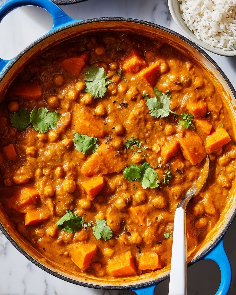 A close-up view of a blue cast iron pot filled with a thick, orange-brown stew made from soft chunks of sweet potato and round chickpeas mixed in a creamy sauce. The surface is dotted with a few fresh green cilantro leaves for color contrast. A white spoon is placed inside the pot on the right side, partially submerged in the stew. The pot is set against a white marbled texture, with a small bowl of white rice visible in the top right corner. photo taken with an iphone --ar 4:5 --v 7