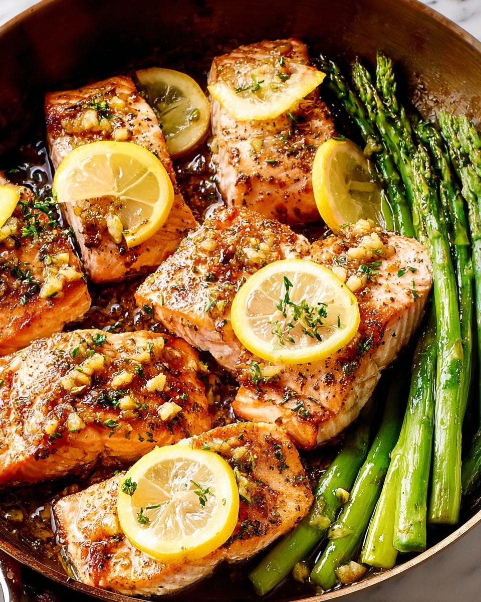The image shows a pan filled with several pieces of cooked salmon. The salmon pieces have a golden-brown crust with visible herbs and small bits of garlic or seasoning on top. Thin lemon slices are placed on and around the salmon, adding a touch of yellow and freshness to the dish. On one side of the pan, a bundle of bright green asparagus spears is neatly arranged, showing a slight gloss from cooking oil. The pan sits against a white marbled background. photo taken with an iphone --ar 4:5 --v 7