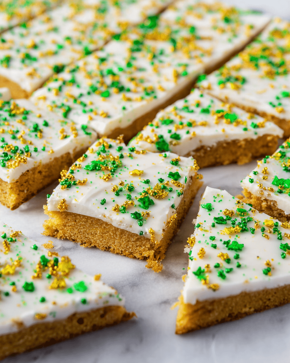 This image shows a tray of square dessert bars with two clear layers. The bottom layer is a golden brown, crumbly base with a slightly rough texture. The top layer is a smooth, white frosting spread evenly over the base. Scattered on the frosting are colorful sprinkles in shades of green, yellow, and gold, which add a playful and festive touch. The bars are cut into squares, some slightly lifted or overlapping others, and the tray is placed on a white marbled surface. Photo taken with an iphone --ar 4:5 --v 7