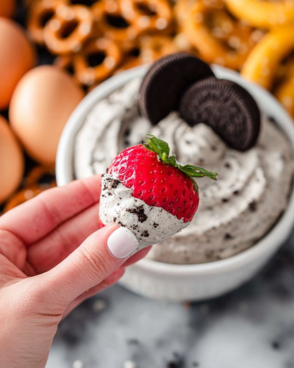A bright red strawberry with green leaves at the bottom is held by a woman's hand with neatly manicured nails, dipped halfway in a creamy, light gray dip speckled with small dark cookie crumbs. In the background, there is a white bowl filled with the same gray dip, thick and swirled, topped with crumbs and two halves of dark chocolate sandwich cookies placed near the center. The scene is set on a white marbled surface with blurry pretzels and eggs in warm brown and yellow tones around. photo taken with an iphone --ar 4:5 --v 7