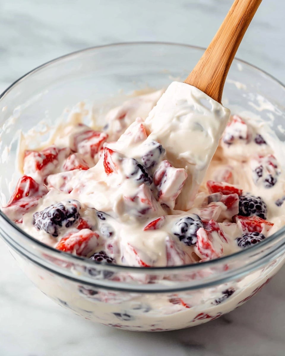 This image shows a clear glass bowl filled with a creamy mixture that has large pieces of blackberries and chopped strawberries, creating a mix of white creamy texture with dark purple-black and bright red fruit colors spread evenly throughout. A wooden-handled spatula with a white silicone head is partially immersed in the bowl, lifting some of the fruit and cream blend. The bowl sits on a white marbled surface, with a soft and bright lighting that highlights the smooth, thick texture of the creamy ingredient and the juicy, colorful fruit. Photo taken with an iphone --ar 4:5 --v 7