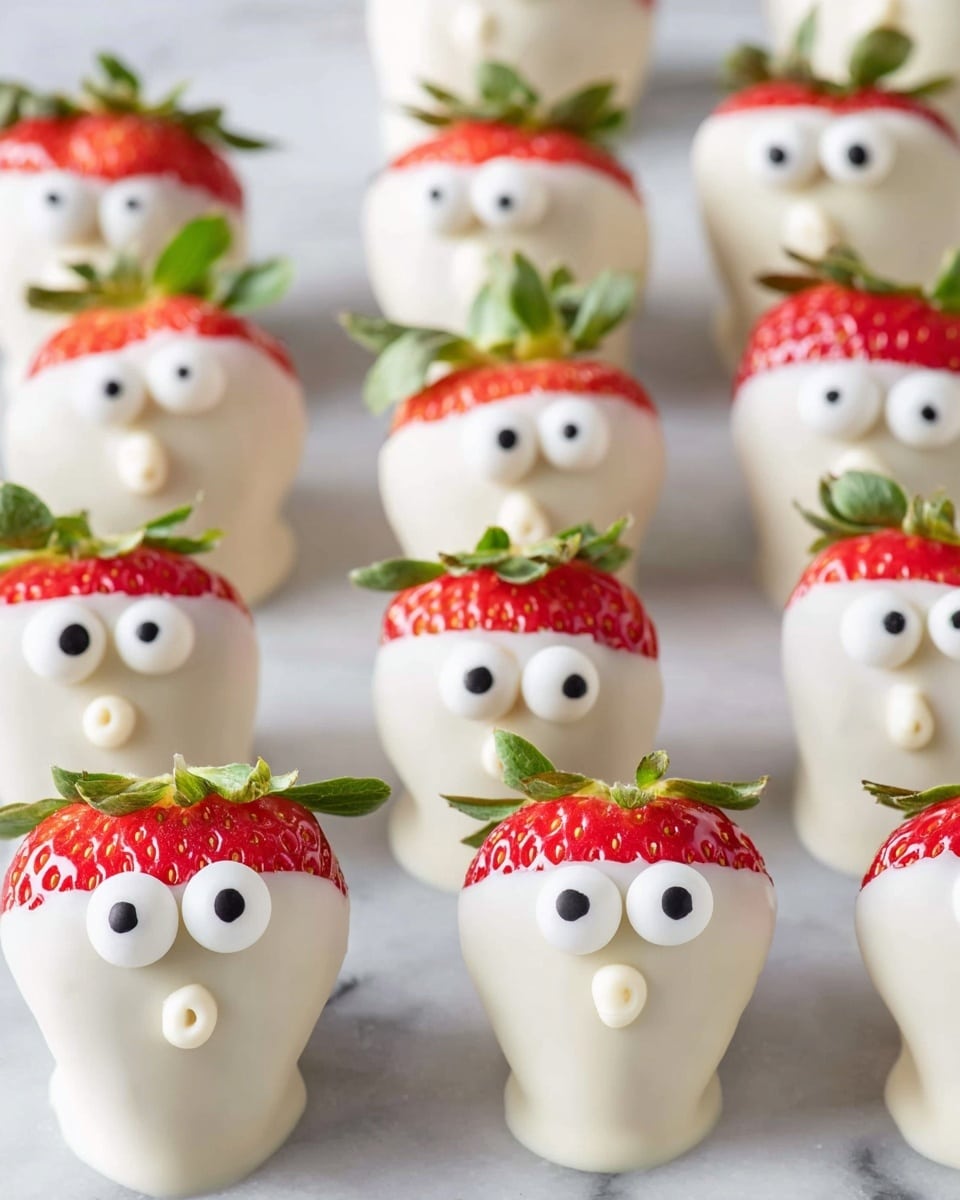 The image shows white chocolate-covered strawberries with green leaves on top, red tips visible where the chocolate coating ends, and candy eyes and small round noses giving them a cute face look; seven strawberries are neatly arranged on an orange pumpkin-shaped plate with a black stem design, placed on a white marbled surface. Around this plate are scattered small orange pumpkin-shaped candies with green stems, and nearby there is a white bowl filled with these pumpkin candies. Another white bowl contains yellow and orange candy corn. In the upper right, there is a black plate with several more of the white chocolate-covered strawberry faces. The scene is bright and clean with a fun Halloween theme, photo taken with an iphone --ar 4:5 --v 7