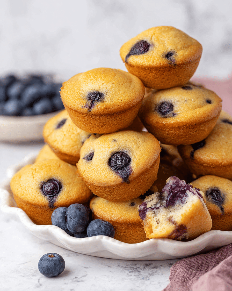 A pile of golden brown mini blueberry muffins is stacked on a white scalloped plate, each muffin showing little blueberries baked into the soft, slightly domed tops and sides. One muffin near the front is turned to reveal a moist purple-blue interior filled with juicy blueberries. A few fresh blueberries are scattered around the plate and one sits near the base of the pile, adding a fresh contrast. The scene is set against a white marbled textured background, giving a clean and bright look. photo taken with an iphone --ar 4:5 --v 7