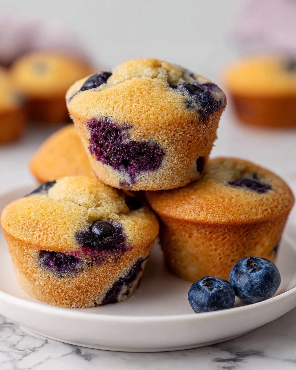 The image shows four blueberry muffins stacked on a round white plate placed on a white marbled surface. Each muffin has one main layer of golden-brown cake with blueberries spread throughout, visible as dark purple and blue spots. The tops are slightly domed with a light, textured crust and golden color. Two fresh blueberries are placed on the plate next to the muffins on the right side. The scene is softly lit with a blurred background, focusing mainly on the muffins in the foreground. Photo taken with an iphone --ar 4:5 --v 7