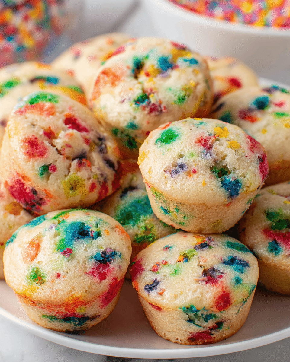 A close-up view of several mini muffins arranged closely together on a white plate, each muffin showing a light beige base with vibrant, multicolored sprinkles baked inside, giving the muffins a colorful and speckled look with shades of red, green, blue, yellow, orange, and purple scattered unevenly throughout. The muffins have a slightly rough texture with some cracks on top, and they appear soft and moist. The background features a white marbled texture with a partial blur of more colorful sprinkles in a bowl off to the side. photo taken with an iphone --ar 4:5 --v 7