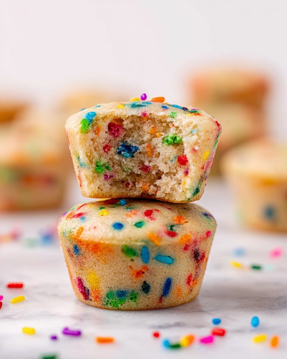 Two funfetti mini muffins are stacked on a white marbled surface, with the top muffin showing a bite taken out, revealing its soft, light beige inside dotted with colorful sprinkles in red, blue, green, yellow, orange, and purple. The bottom muffin is whole, also covered in the same bright, scattered sprinkles. In the blurred background, more mini muffins with similar colors are visible, along with sprinkles scattered around. The overall look is bright and playful with a soft focus on the front muffins. photo taken with an iphone --ar 4:5 --v 7