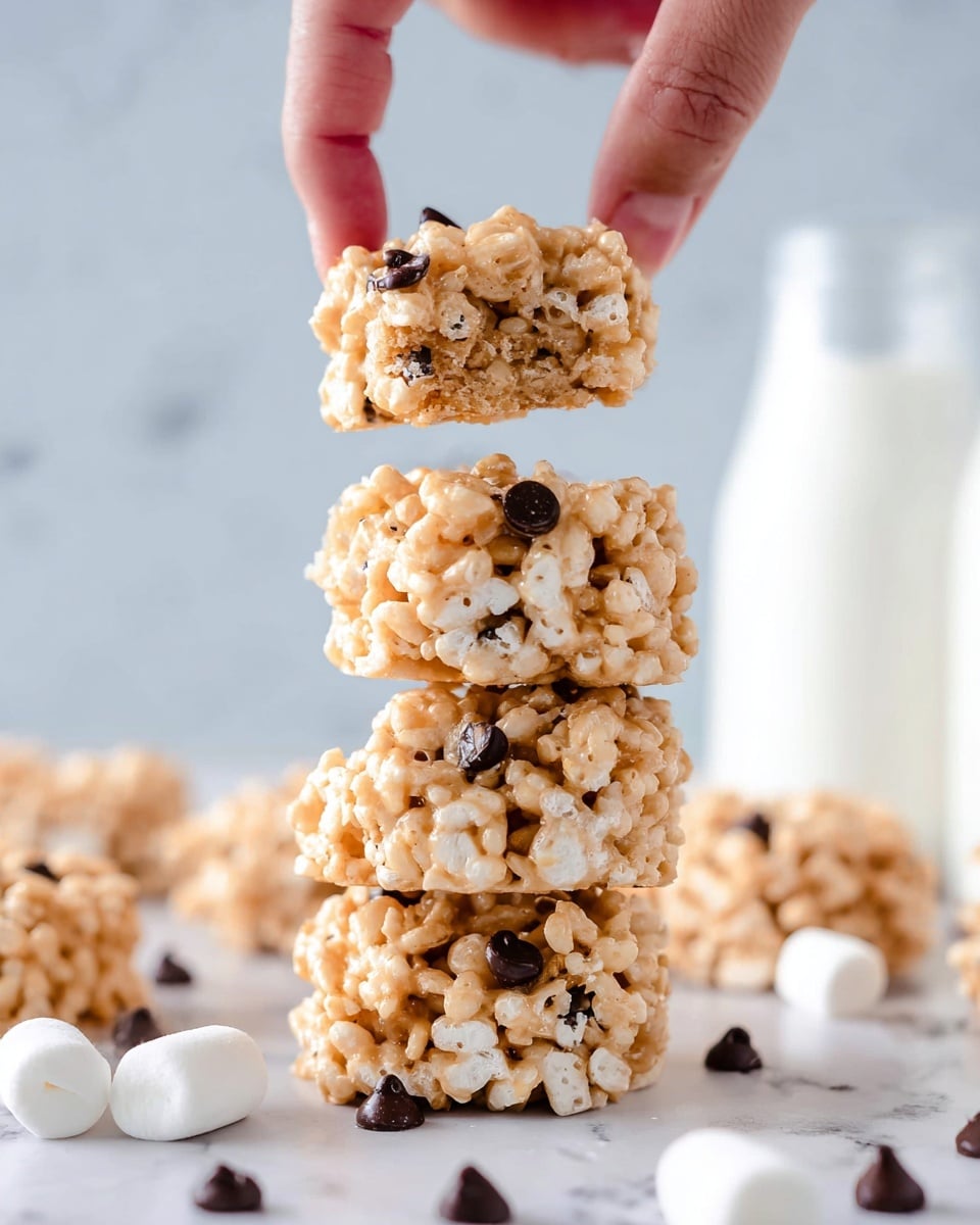 A stack of four light golden crispy treats made of puffed rice cereal mixed with melted marshmallow and small dark chocolate chips scattered evenly throughout, creating a bumpy, textured surface. The treats are rounded but irregular in shape, with the top one being held by a woman's hand, showing soft edges and tiny marshmallow bits. The stack is set on a white marbled surface with some mini marshmallows and chocolate chips scattered around. In the blurry background, there are more treats and two white bottles, all on the same white marbled texture. photo taken with an iphone --ar 4:5 --v 7