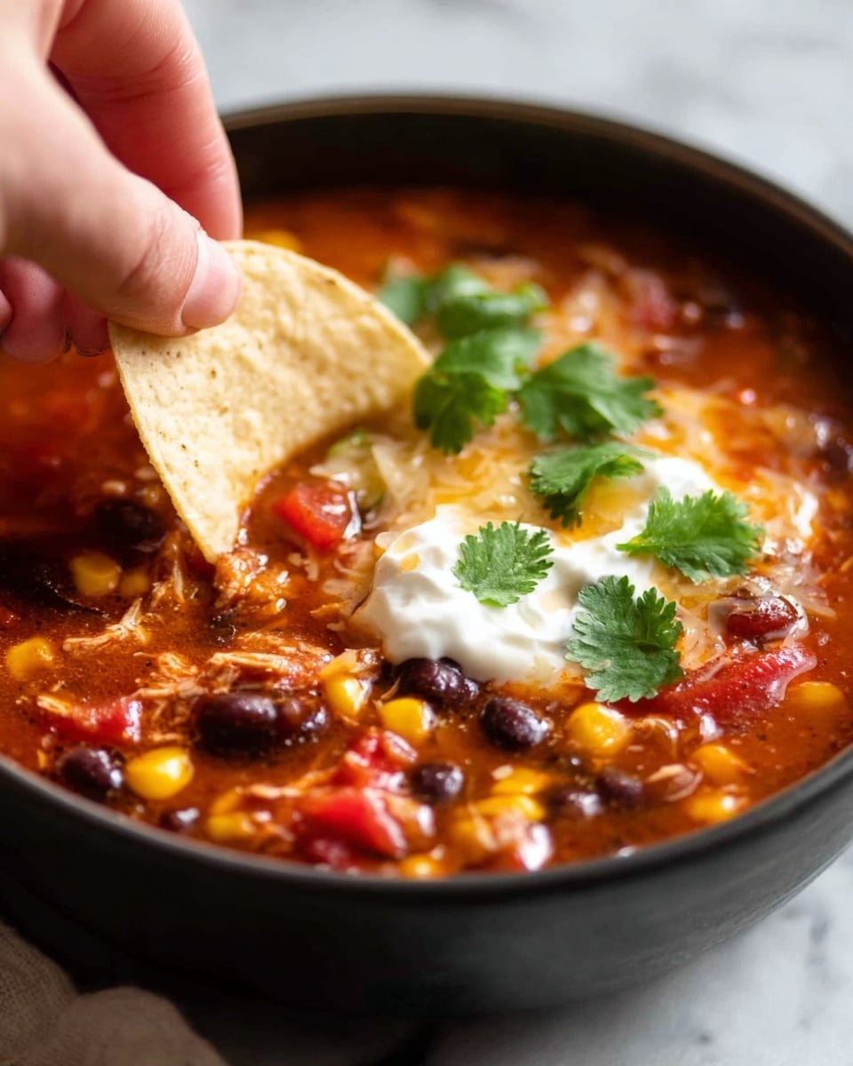A close-up view of a black bowl filled with a thick chili soup showing a rich red-orange layer of broth with visible chunks of yellow corn, black beans, red bell peppers, and shredded meat. On top, there is a creamy white dollop of sour cream with a few bright green cilantro leaves scattered over it, adding freshness. A woman's hand is dipping a round, light yellow tortilla chip into the soup, partly covering the sour cream and toppings. The bowl is set against a white marbled texture surface. photo taken with an iphone --ar 4:5 --v 7