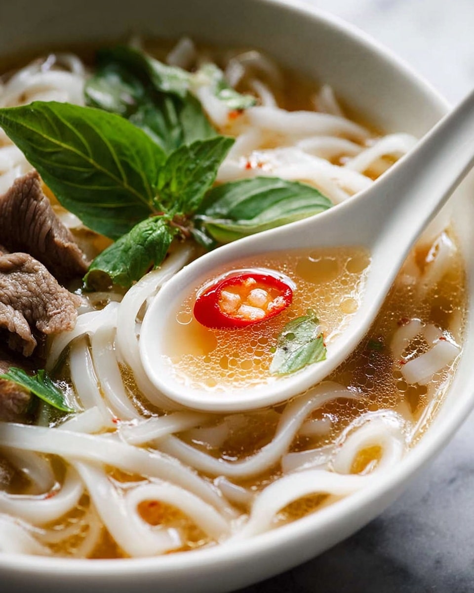 The image shows a close-up view of a bowl of soup filled with white, thick rice noodles that curl gently around the bowl's inside edge. The clear broth has a light brown color, with droplets of oil visible on the surface, and a slice of bright red chili pepper floating in a white ceramic spoon resting on the noodles. Fresh green basil leaves sit atop the noodles, and pieces of tender, brownish beef are placed near the bottom left edge of the white bowl. The bowl sits on a white marbled surface that contrasts softly with the warm colors of the soup. Photo taken with an iphone --ar 4:5 --v 7
