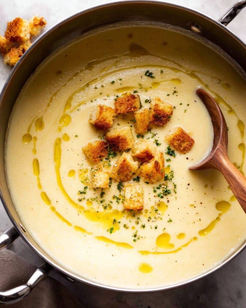 Creamy Celeriac Soup with Croutons and Chives Recipe