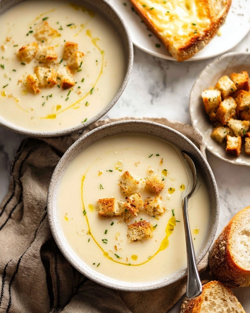 Two bowls filled with creamy light beige soup, each bowl topped with small golden brown croutons and tiny green chive bits, with a drizzle of golden olive oil on the surface. One bowl has a silver spoon resting inside on the right side. The bowls are set on a light brown striped cloth, surrounded by pieces of crusty brown bread at the bottom right and a small white dish with more croutons on the left. In the background, a toasted slice of bread with melted cheese sits partially visible on a white plate. The whole scene is set on a white marbled surface. Photo taken with an iphone --ar 4:5 --v 7