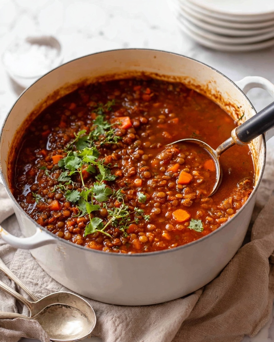 A white pot filled with thick red-brown stew showing small orange carrot pieces, green herbs spread on top, and a mix of brown lentils and small chunks of vegetables inside. A metal ladle with a black handle is partly submerged in the stew on the right side. The pot rests on a beige cloth over a white marbled surface, with a silver spoon lying nearby. In the background, blurred white dishes can be seen stacked. photo taken with an iphone --ar 4:5 --v 7