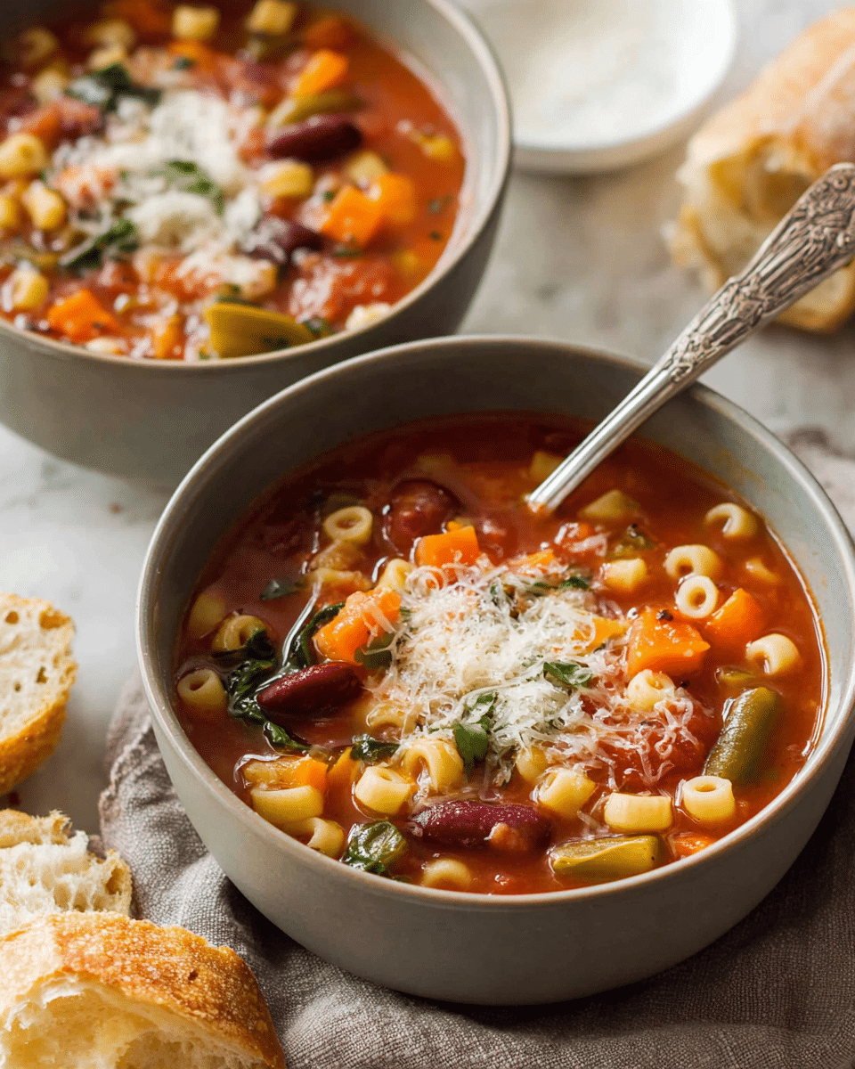 The image shows two gray bowls filled with thick vegetable soup placed on a soft gray cloth on a white marbled surface. The soup has multiple layers: a rich red tomato broth base with visible small pasta rings, chunks of orange carrots, green beans, red kidney beans, celery, and bits of leafy spinach. Each bowl is topped with a small mound of grated white cheese and sprinkled green herbs. A silver spoon with a decorative handle rests inside the front bowl. In the foreground, torn pieces of rustic brown and white bread lie on the white marbled surface, adding a cozy touch. photo taken with an iphone --ar 4:5 --v 7