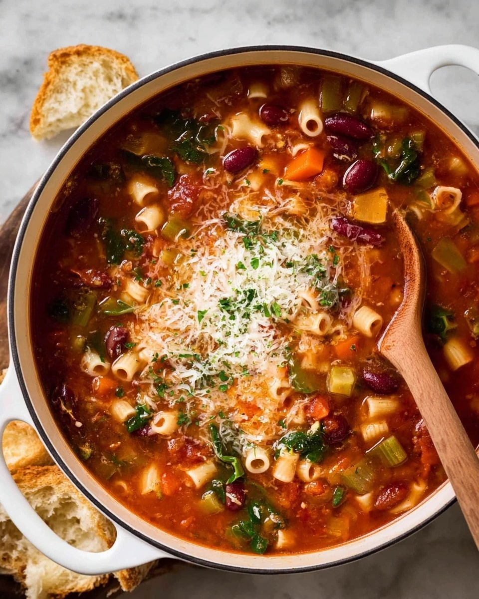 The image shows a white pot filled with a thick vegetable soup containing small pasta tubes, red kidney beans, green leafy vegetables, and diced orange and green vegetables in a rich red broth. On top of the soup, there is a layer of grated white cheese melting slightly with sprinkled green herbs. A wooden spoon is placed inside the pot, resting on the rim. The pot is placed on a white marbled surface with a piece of torn bread beside it. Photo taken with an iphone --ar 4:5 --v 7