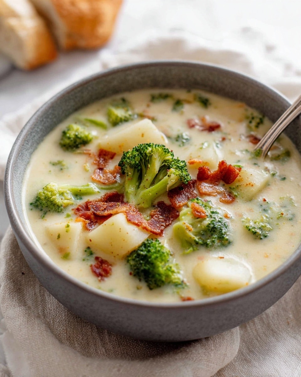 A grey bowl filled with creamy light beige soup containing several bright green broccoli florets and white potato chunks, topped with small pieces of crispy brown bacon bits. A silver spoon rests inside the bowl, partially submerged in the soup. The bowl sits on a soft off-white cloth, all placed on a white marbled surface, with pieces of bread blurred in the background. photo taken with an iphone --ar 4:5 --v 7