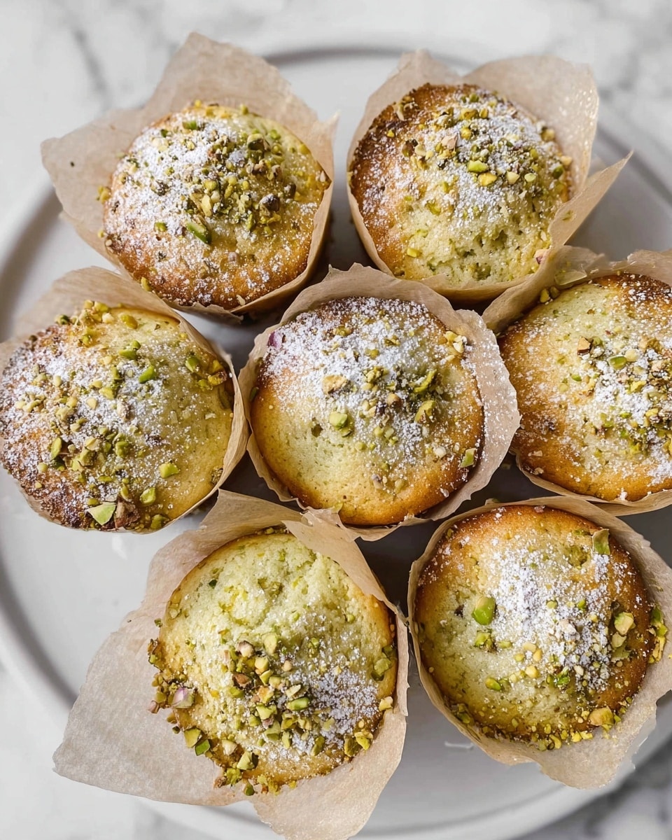 Seven muffins are placed on a white plate over a white marbled surface. Each muffin is wrapped in light brown parchment paper, showing a light golden brown and greenish-yellow top layer with a slightly crumbly texture. The muffins are sprinkled with small pieces of crushed pistachios and a light dusting of powdered sugar, creating a textured, slightly crunchy look on top. The muffins are arranged close to each other, filling the plate. photo taken with an iphone --ar 4:5 --v 7