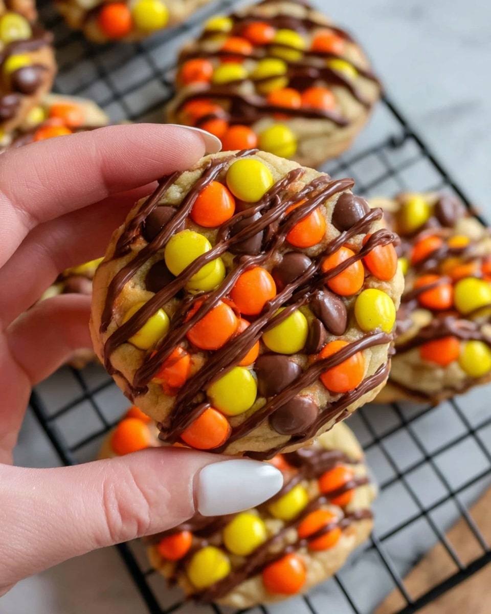A close-up view of a cookie held by a woman's hand with light skin and white nail polish, showing the cookie's top covered with three layers: a base of golden-brown dough, a thick layer of orange, yellow, and brown candy-coated chocolates embedded evenly, and a shiny dark brown chocolate drizzle zigzagged over the candies, creating a textured, colorful pattern. In the background, more cookies with the same decoration rest on a black cooling rack on a white marbled surface, slightly out of focus to highlight the cookie being held. Photo taken with an iphone --ar 4:5 --v 7