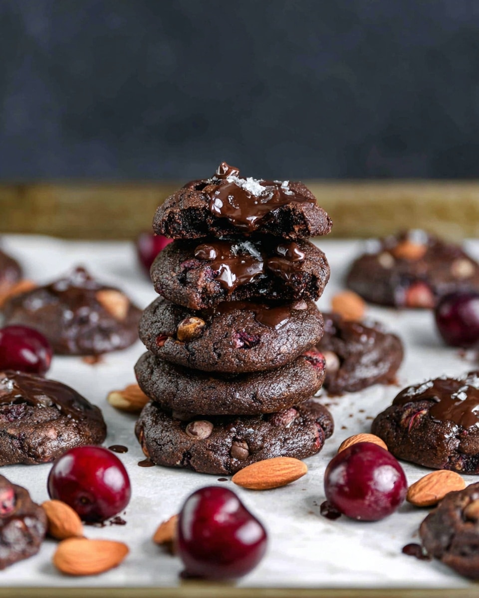 A stack of five dark chocolate cookies with bits of nuts sits in the center on white parchment paper over a baking tray, the top cookie broken in half showing melted chocolate inside; around the stack, several more dark chocolate cookies are scattered, some drizzled with melted chocolate, with whole red cherries and some almonds placed sporadically among them, all on a white marbled texture background. photo taken with an iphone --ar 4:5 --v 7