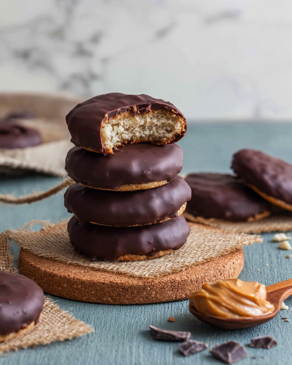 A stack of four round chocolate-covered cookies sits on a round cork mat on a blue cloth with a white marbled background. The top cookie has a bite taken out, showing a light cream-colored, crumbly inside layer beneath the smooth dark brown chocolate coating. Four more cookies lay flat beside the stack, and to the right, some peanut butter is dolloped on a wooden spoon with small dark chocolate pieces scattered nearby. Photo taken with an iphone --ar 4:5 --v 7