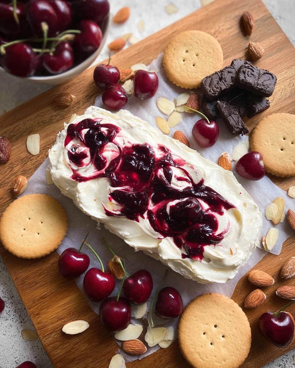 A white rectangular layer of smooth, fluffy cream cheese is spread thickly on white parchment paper atop a wooden board. Swirled throughout the creamy white base are bright, deep red streaks of cherry sauce that add a glossy texture. Surrounding the cream cheese are whole deep red cherries with green stems, a variety of cookies including scalloped round golden brown ones, thin rectangular almond-studded ones, and dark chocolate sandwich cookies, all resting directly on the wooden board. Scattered almond slices and cherry stems add texture to the scene. The photo is taken with an iphone --ar 4:5 --v 7