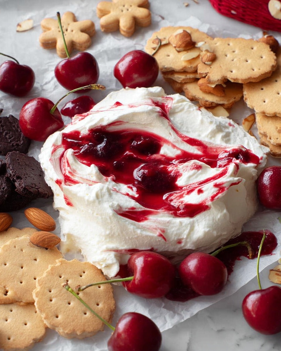 The image shows a soft mound of white whipped cream spread unevenly on a piece of white parchment paper, with swirls of bright red cherry sauce running through the cream in a marbled pattern. Around the whipped cream, there are several shiny red cherries with stems, scattered on a white marbled surface. Next to the cherries, there is an assortment of thin biscuits and crackers, including some dark chocolate ones and light brown flower-shaped cookies, as well as a few almond slices visible on the crackers. The overall setting is casual and inviting, with the colors contrasting vividly against the pale whipped cream and white marble background. photo taken with an iphone --ar 4:5 --v 7