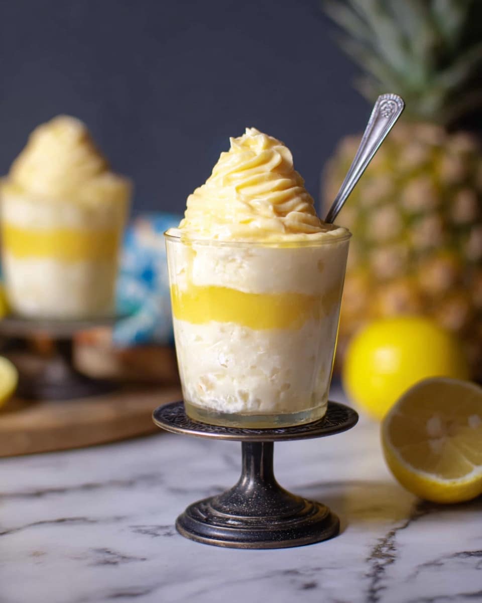 The dish is served in a clear glass cup that is placed on a small dark metal stand with a decorative base. It has three visible layers: the bottom layer is a thick, creamy off-white mixture with some texture, the middle layer is a thin, smooth, bright yellow sauce, and the top layer is a fluffy, swirled mound of pale yellow cream. A silver spoon stands inside the glass, leaning slightly to the side. In the background, there is a blurred second glass with the same dessert, and some yellow lemons and a pineapple can be seen on a white marbled surface. photo taken with an iphone --ar 4:5 --v 7