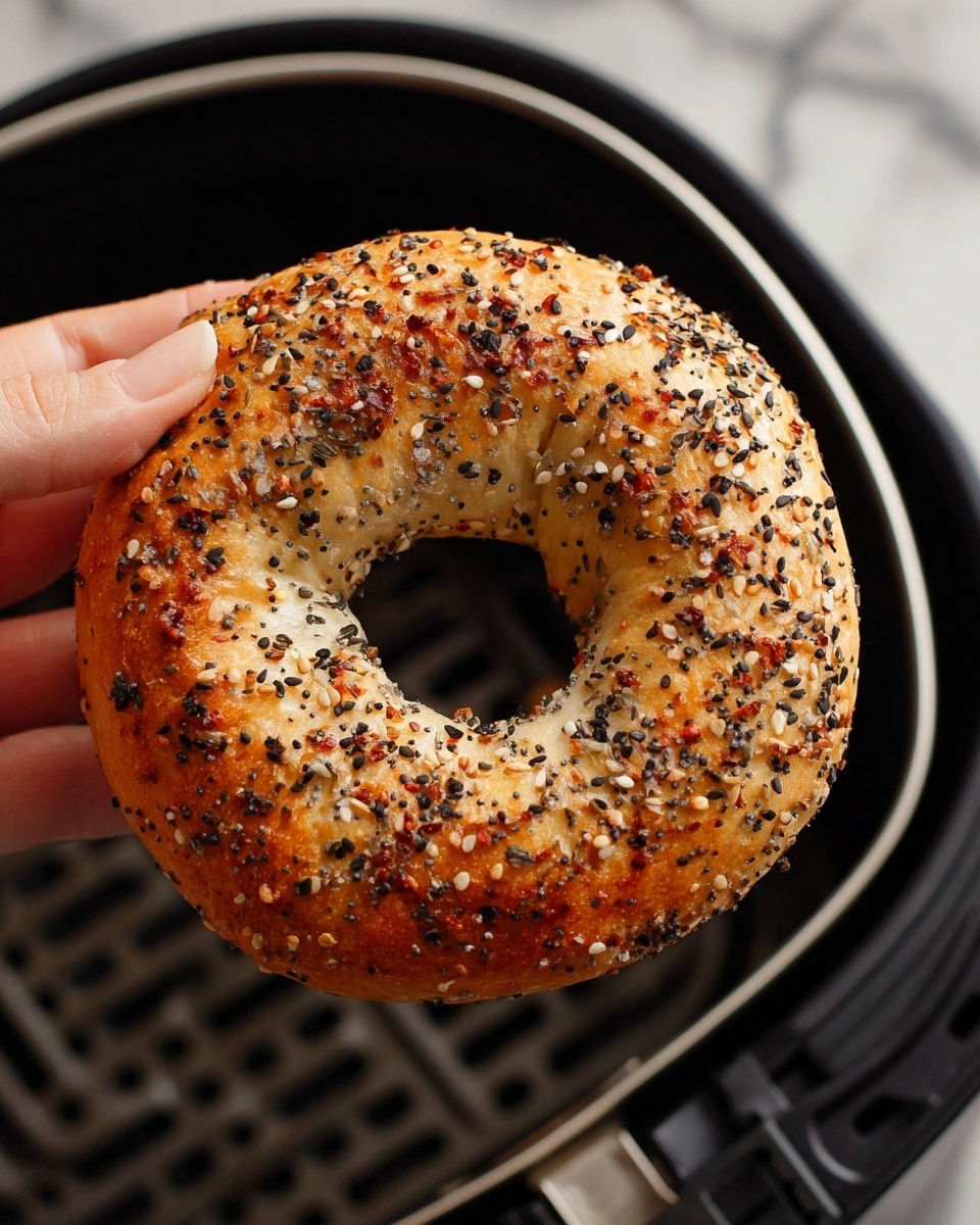 A close-up of a golden-brown bagel held by a woman's hand, covered evenly with a mix of black and white sesame seeds, poppy seeds, and bits of dried onion, giving it a textured and flavorful look. The bagel has a slightly crispy crust with small browned spots, showing it is freshly baked. It is held over a black air fryer basket with a silver rim, against a white marbled background. The photo taken with an iphone --ar 4:5 --v 7