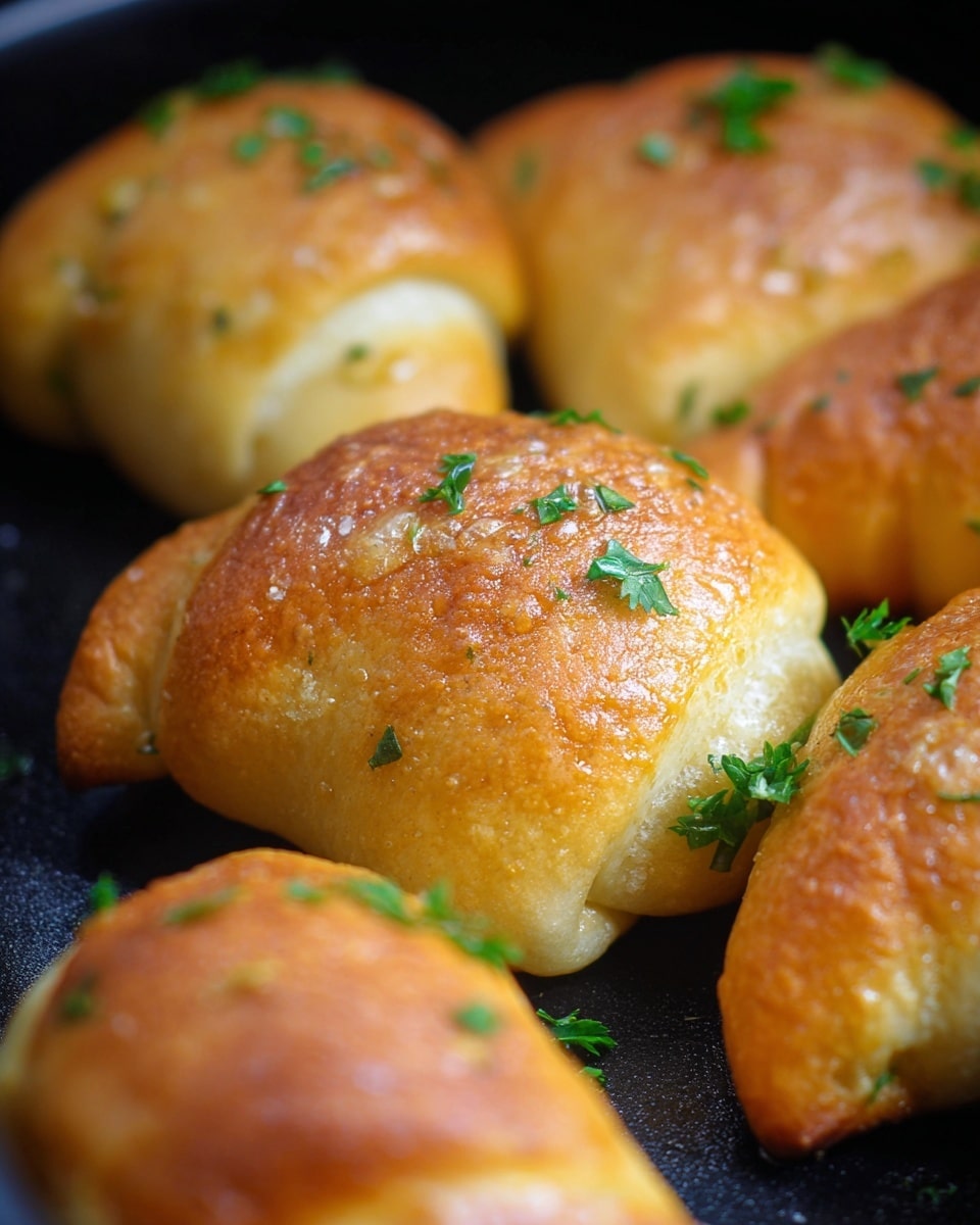 The image shows golden brown, crescent-shaped baked rolls closely placed on a black tray. Each roll has a shiny, slightly crispy outer layer with a light sprinkling of small green parsley leaves on top, adding a fresh touch of color. The texture of the rolls appears soft yet firm with small air bubbles visible on the surface. The rolls are arranged in a way that their curved edges gently overlap or sit close to each other, creating a cozy and appetizing look. Photo taken with an iphone --ar 4:5 --v 7