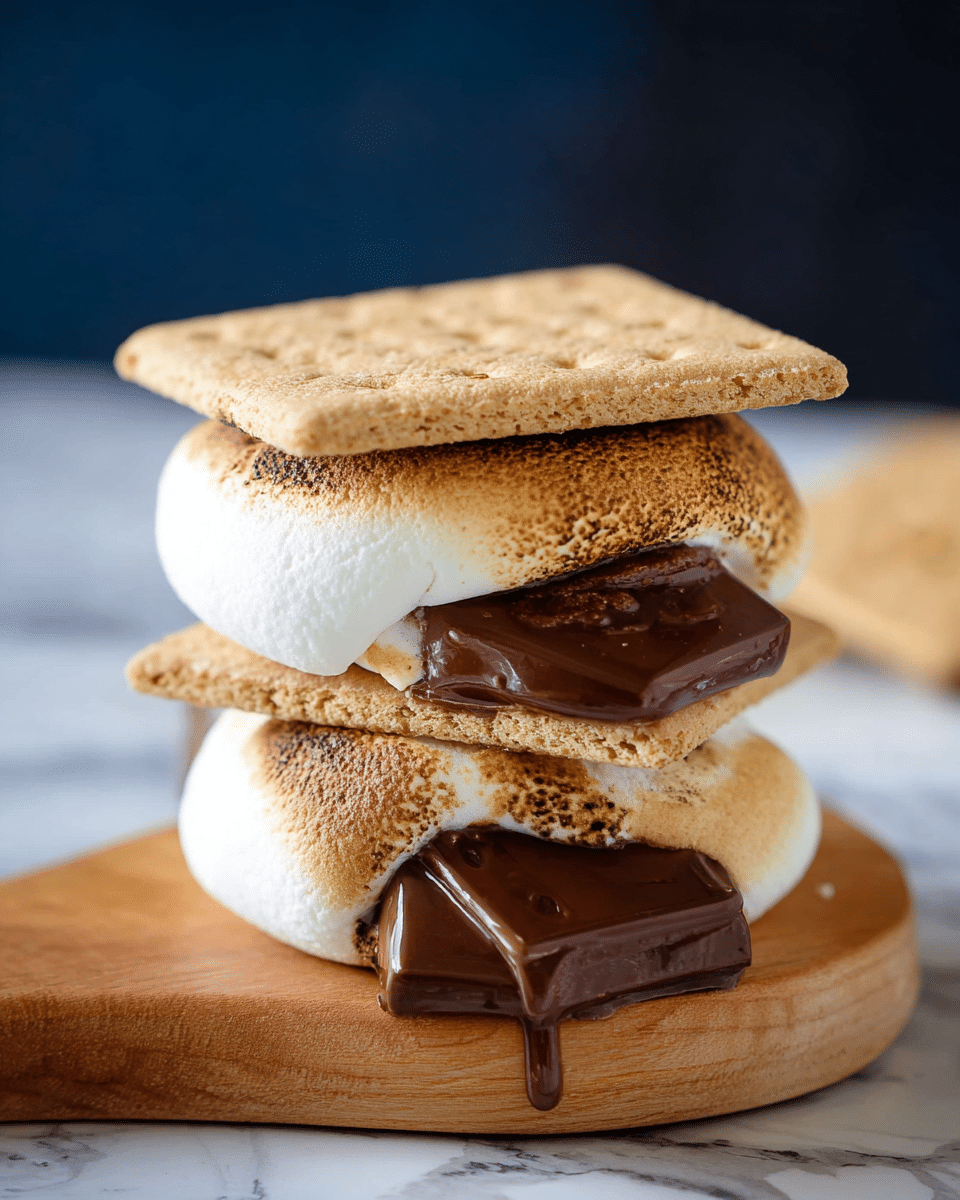 A close-up of a s'more with three layers stacked on a wooden board, each layer consisting of a light brown toasted marshmallow with a slightly crisp, crackled surface, a square piece of chocolate showing some melting, and a tan graham cracker on top; the bottom layer has chocolate melting out from the sides, the middle layer has a golden-brown toasted marshmallow with chocolate peeking between the layers, and the top layer features a paler marshmallow with a graham cracker placed on top, all set against a blurred dark blue background and a white marbled surface below. photo taken with an iphone --ar 4:5 --v 7