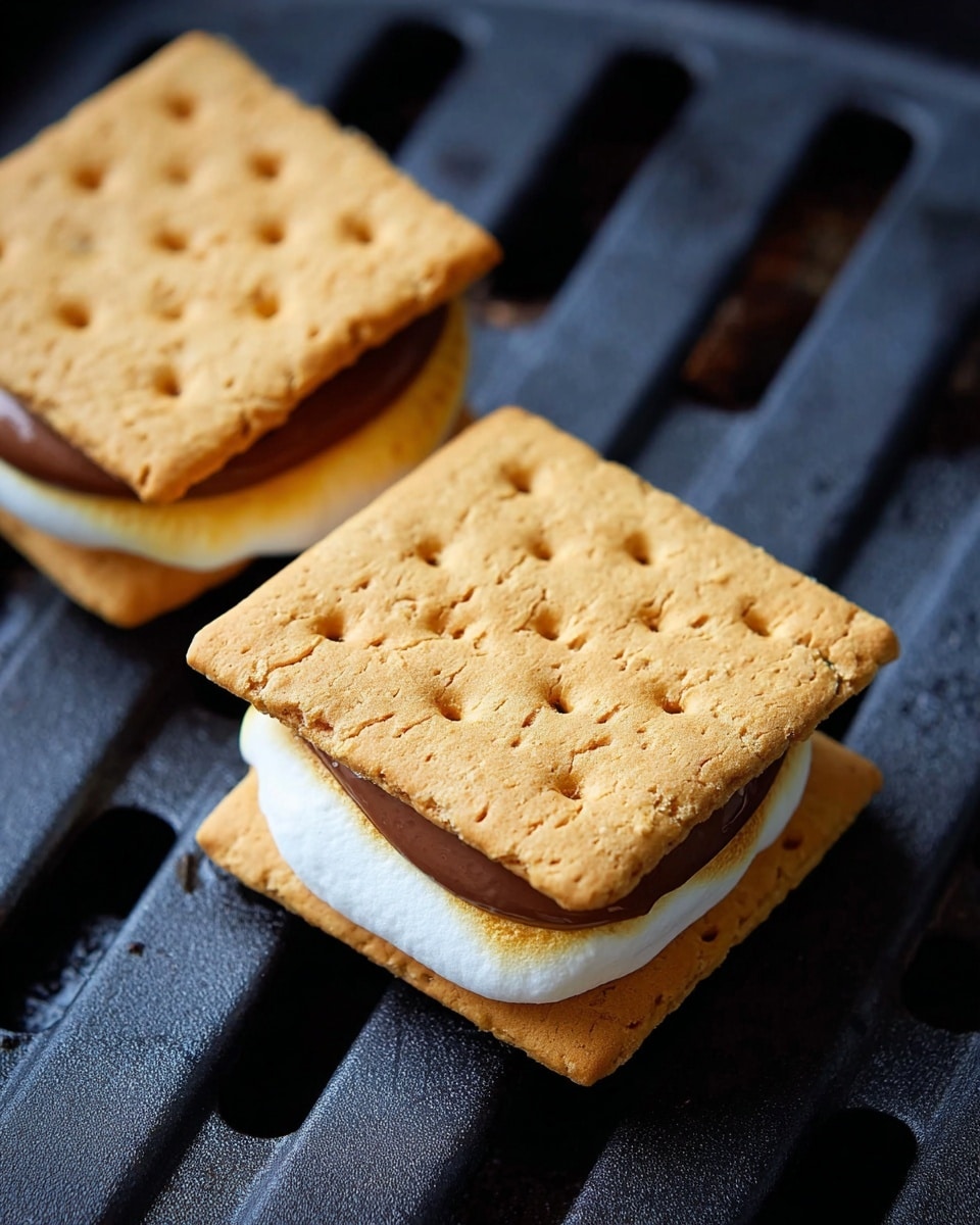The image shows two s'mores resting on a black grill with openings. Each s'more has three layers: a square light brown graham cracker on top with small holes, a soft toasted marshmallow underneath that is pale yellow with a slight golden crust, and a smooth melted chocolate layer visible between the marshmallow and the graham cracker. The marshmallow looks slightly puffy and soft with a toasted, crackled texture on the edges. The grill’s dark surface creates contrast with the light colors of the s'mores. photo taken with an iphone --ar 4:5 --v 7