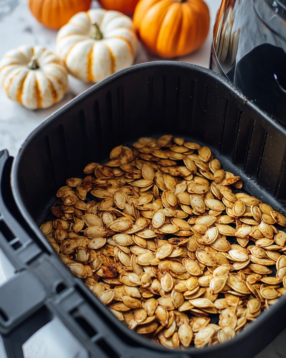 The image shows a black air fryer basket filled with roasted pumpkin seeds. The seeds are golden-yellow with some brown spots indicating they are toasted, covering the entire bottom layer of the basket in an even spread. In the background, there are small pumpkins with white and orange stripes placed on a white marbled surface, giving a cozy autumn feel. The air fryer basket's black texture contrasts with the bright seeds and the soft colors of the pumpkins. photo taken with an iphone --ar 4:5 --v 7