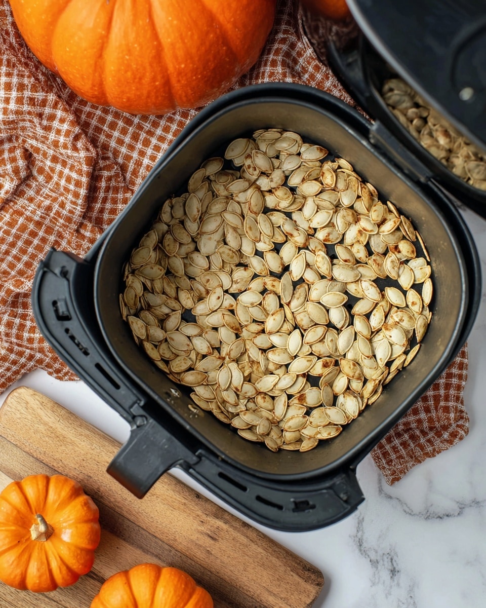 A close-up image of roasted pumpkin seeds inside a black air fryer basket, showing a single layer of light golden seeds with some brown toasted spots scattered evenly. The air fryer basket is open, and the scene includes part of an orange pumpkin on the top left and a smaller pumpkin on the bottom left on a wooden board, all set against a white marbled surface covered partially by a brown, orange, and beige checkered cloth. Photo taken with an iphone --ar 4:5 --v 7