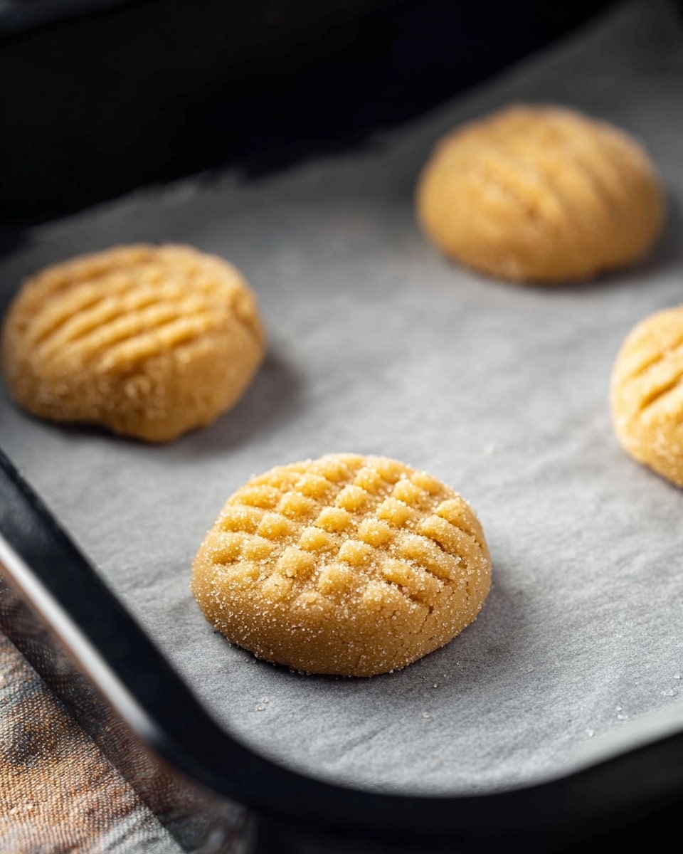 The image shows four round, light golden cookie dough balls placed on a flat layer of gray parchment paper inside a black baking tray. Each cookie dough ball has a crisscross pattern pressed on the top surface, and the edges look slightly grainy with sugar coating. The scene is lit softly, and the focus is on the two cookies closest to the camera with a shallow depth of field blurring the far cookies and background. The texture of the dough looks slightly rough but soft. Photo taken with an iphone --ar 4:5 --v 7