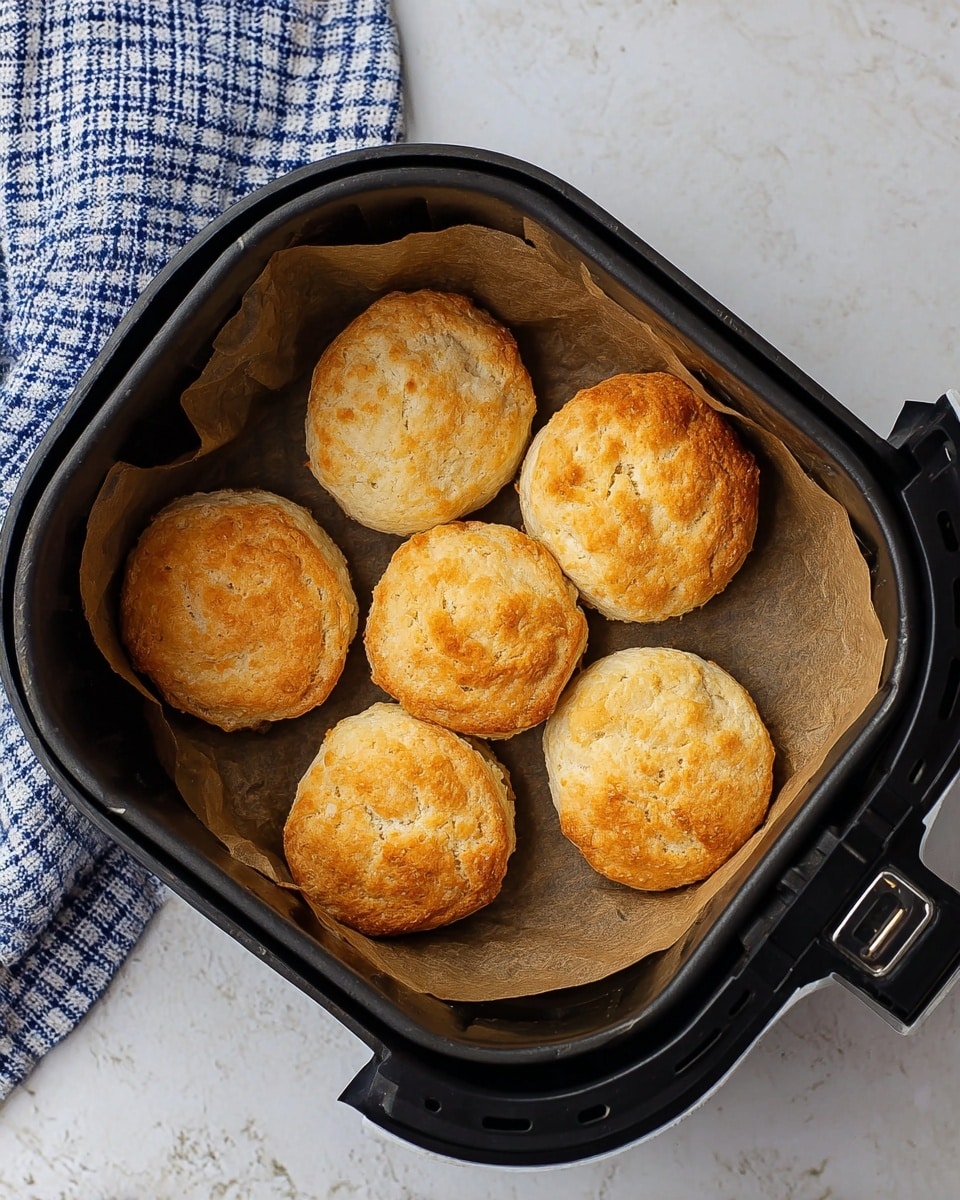 Six golden brown biscuits with a soft texture and slightly cracked tops are placed inside a black air fryer basket lined with brown parchment paper. The biscuits are arranged closely but not touching each other, showing their round, slightly fluffy shapes. The air fryer basket sits on a white marbled textured surface next to a blue and white checkered cloth. Photo taken with an iphone --ar 4:5 --v 7