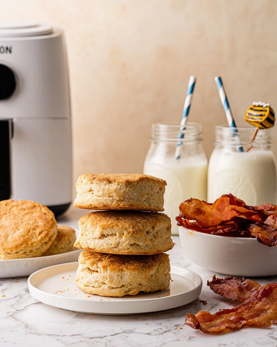 The image shows a stack of three golden-brown biscuits with a slightly crumbly texture placed in the center on a white marbled surface. To the left, there is a white plate with three more biscuits stacked on it. On the right, a white bowl is filled with several crispy strips of cooked bacon that are reddish-brown. Behind the bowl, there is a honey pot shaped like a small beehive with a tiny bee decoration, and behind that, two glass mason jars filled with milk, each with a blue and white striped straw. The background is a soft beige color with a subtle texture, and a white air fryer with a black top is positioned in the back left of the image. photo taken with an iphone --ar 4:5 --v 7