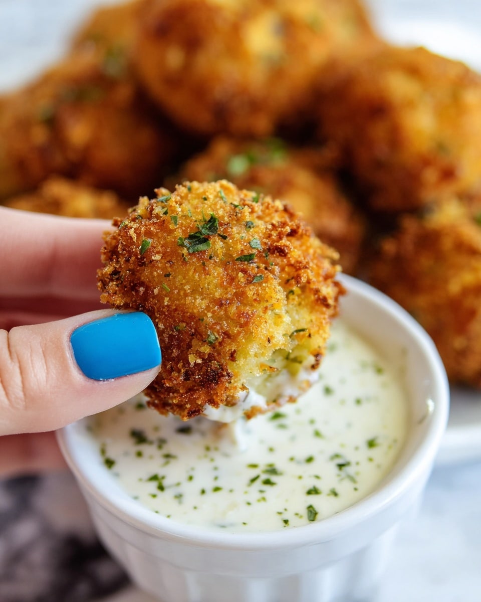 A close-up of a golden-brown crispy fried ball with a rough, crumbly texture and small green herb bits inside, held by a woman's hand with bright blue painted nail polish. The ball is dipping into a white bowl filled with creamy white sauce sprinkled with small green herbs. In the background, more of the fried balls are softly blurred on a white marbled surface. photo taken with an iphone --ar 4:5 --v 7