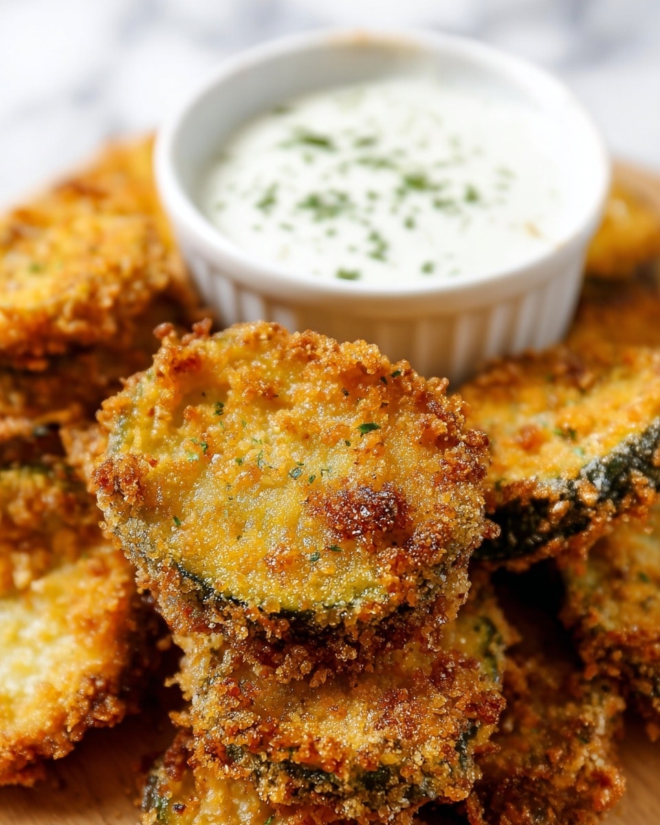 The image shows a close-up of several crispy fried pickles with a rough, golden-brown breaded coating that looks crunchy. The pickles are layered in the front, with one piece prominently in sharp focus and showing green pickle edges inside the breading. Behind the pickles, there is a small white bowl filled with creamy white dipping sauce, sprinkled lightly with green herbs. The food is placed on a surface with a white marbled texture in the background. photo taken with an iphone --ar 4:5 --v 7