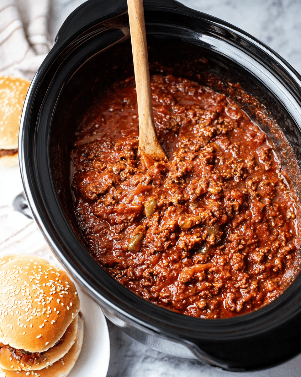 A black crockpot filled with three layers of thick chili, showing juicy pieces of ground beef, tomato, and small bits of onion and green pepper mixed in a bright dark red sauce. A long wooden spoon with a smooth texture is placed inside, stirring the chili. Next to the crockpot, there is a white plate holding two sesame seed hamburger buns stacked on top of each other, sitting partly on a white marbled textured surface. Photo taken with an iphone --ar 4:5 --v 7