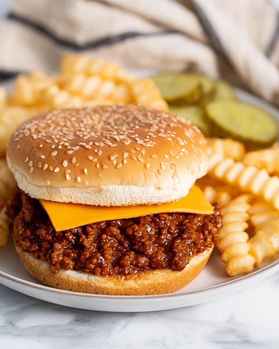 A close-up image of a sloppy joe sandwich on a sesame seed bun, showing three layers: the bottom bun is soft and lightly toasted, topped with a thick, chunky, dark brown sloppy joe meat sauce mixed with small pieces of onion, followed by a square slice of bright orange cheddar cheese, and finished with the top sesame seed bun that is shiny and golden brown. Beside the sandwich on the white plate are crinkle-cut golden fries, slightly crispy with an uneven texture, and a few round pickle slices with a pale green color placed near the back edge of the plate. The plate sits on a white marbled surface with a softly blurred beige cloth with thin black stripes on the side. photo taken with an iphone --ar 4:5 --v 7