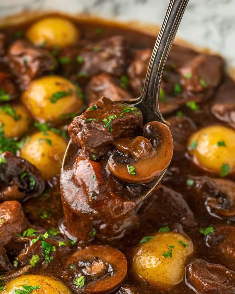 A close-up of a rich brown stew filled with tender chunks of beef and whole mushrooms, all coated in a glossy, thick sauce. Visible yellow small potatoes are spread through the dish, partially covered by the sauce. Fresh green chopped herbs are scattered on top, adding a pop of color. A dark metal spoon is lifting a scoop, showing the thick sauce dripping slightly from the mushrooms and meat. The background is a white marbled texture. photo taken with an iphone --ar 4:5 --v 7