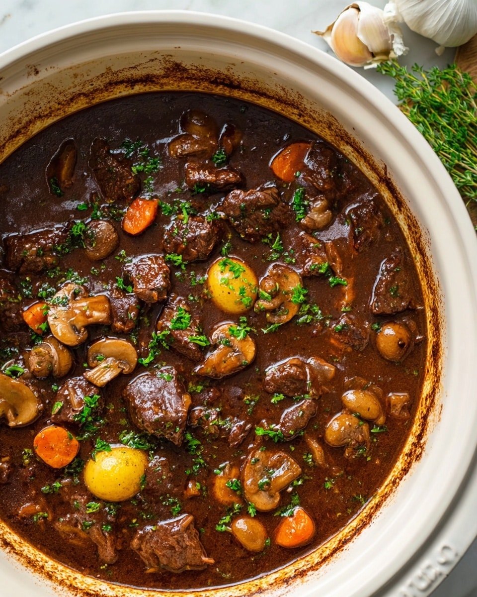 A white ceramic pot filled with a rich dark brown stew, showing chunks of tender beef, sliced mushrooms, small yellow potato slices, and scattered small pieces of orange carrot. The stew has a thick, glossy texture with fresh green parsley sprinkled on top, adding a bright color contrast. The inside rim of the pot shows some cooked-on brown residue, indicating slow cooking. The pot sits on a white marbled surface with part of a garlic bulb and green herbs visible beside it. photo taken with an iphone --ar 4:5 --v 7