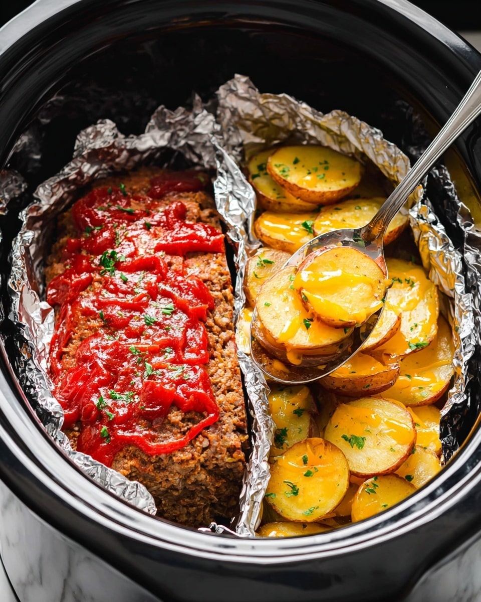 The image shows a close-up of a slow cooker with two sections separated by crinkled aluminum foil. On the left side, there is a thick meatloaf with a brown, slightly crumbly texture topped with bright red ketchup in a loose, uneven pattern and small green herbs sprinkled on top. On the right side, there are golden-yellow cooked potato slices layered irregularly, covered in melted orange cheese and garnished with finely chopped green herbs. A silver spoon is scooping some potato slices, showing their smooth, slightly shiny surface. The slow cooker has a black interior, and the background surface is changed to a white marbled texture. Photo taken with an iphone --ar 4:5 --v 7