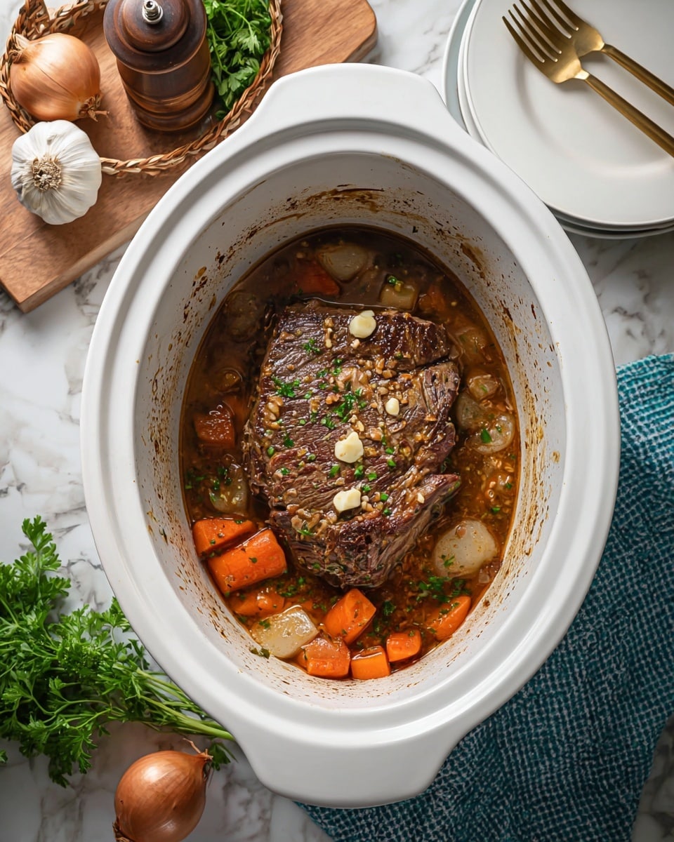A white slow cooker pot contains a cooked beef roast in the center, browned and textured with garlic pieces on top. Around the roast, there are layers of cooked carrot chunks and onion pieces in a brown broth with scattered green parsley leaves for garnish. The pot shows some cooking marks on the sides inside. Nearby, there is a stack of white plates, two gold forks, a pepper grinder, a salt container, fresh parsley, a basket with onions and garlic, and a whole garlic bulb on a blue and white checkered cloth over a white marbled textured surface. photo taken with an iphone --ar 4:5 --v 7