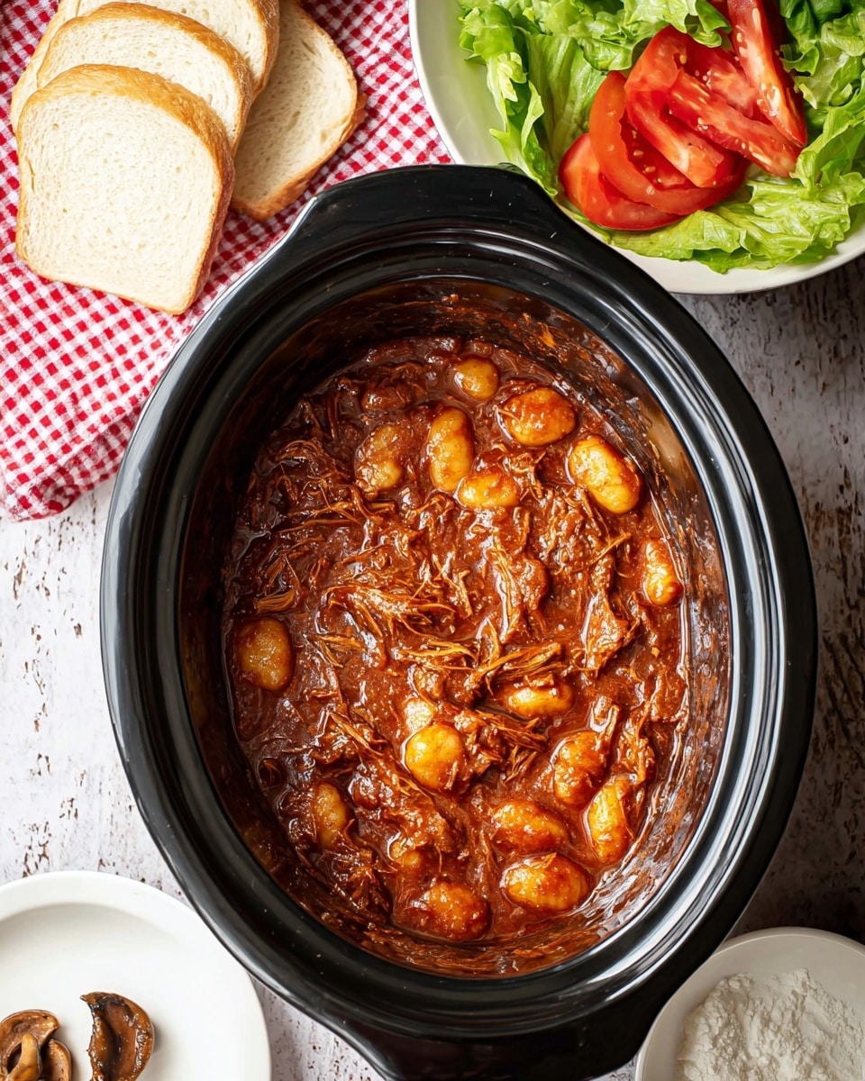 A black slow cooker filled with a dish made of soft, pillowy gnocchi pieces in a thick, reddish-brown sauce with visible strands of shredded meat mixed throughout; the sauce looks rich and glossy, coating the gnocchi evenly. To the top right, there is a white bowl holding fresh green lettuce leaves and bright red tomato wedges. Upper left shows two slices of white bread resting on a red and white checkered cloth. At the bottom left, a white plate holds a small piece of cooked meat or mushroom. Below the slow cooker, a white bowl containing a white powder and a small spoon is placed. The setting is on a white marbled texture. Photo taken with an iphone --ar 4:5 --v 7