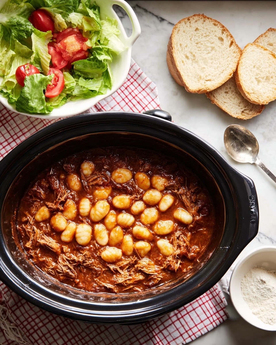 A black slow cooker filled with a thick, brown tomato sauce mixed with shredded meat and topped with a scattered layer of soft, pale gnocchi floating on top. To the left, there is a white bowl shaped like a leaf holding fresh green lettuce with chunks of red tomato, and beside it, two slices of light brown bread rest on a white cloth with red checks. On the right side, there is a small white bowl with a silver spoon inside, filled with a white powder. The background surface is a white marbled texture. photo taken with an iphone --ar 4:5 --v 7